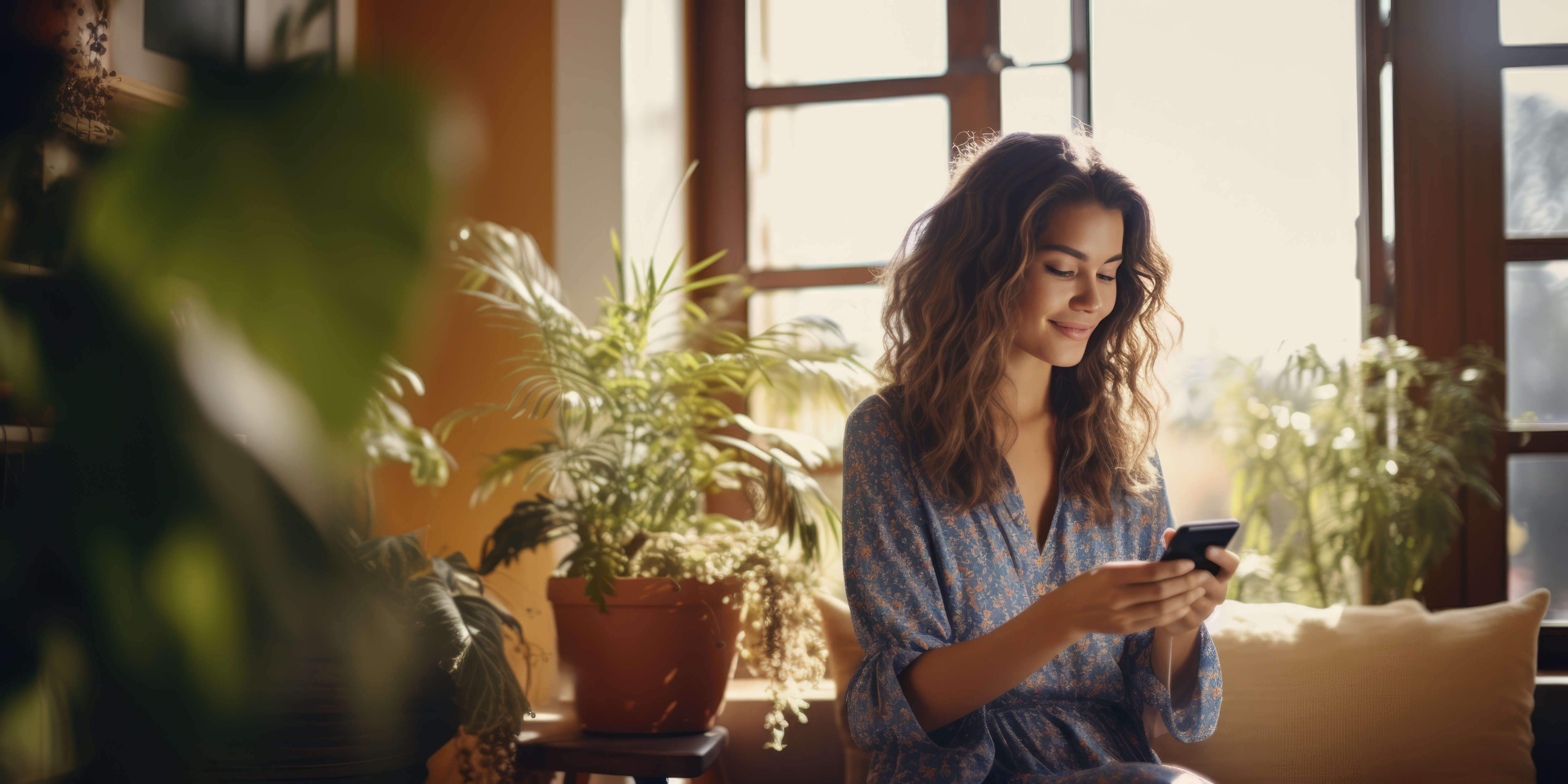 Woman home by window look at phone
